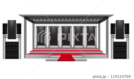 red stage and speaker with led screen on the truss system on the white background	 114124709