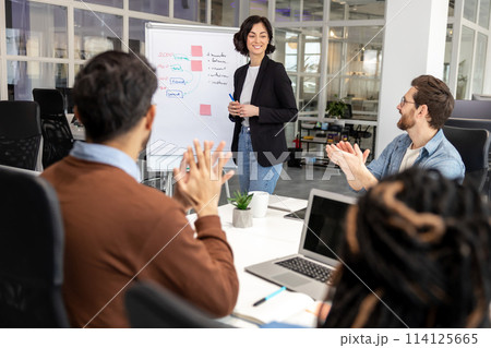 Colleagues coworkers having business conference discussing business ideas 114125665