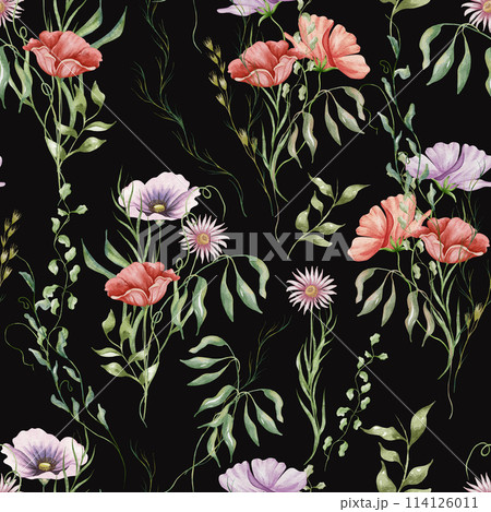 Floral seamless pattern with wildflowers and herbs. Watercolor illustration blossoming meadow background. red poppy flower 114126011