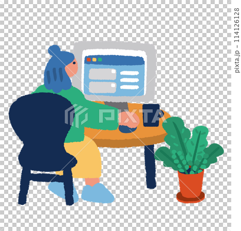 一名婦女在家使用電腦工作的簡單插圖 114126128