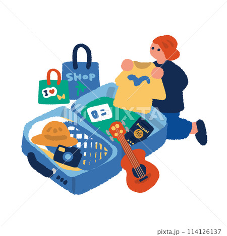 開いたトランクと旅行準備をする女性のイラスト 114126137