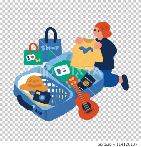 開いたトランクと旅行準備をする女性のイラスト 114126137