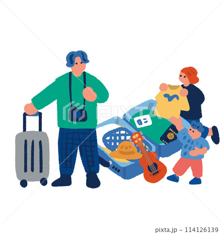 開いたトランクと旅行準備をする家族のイラスト 開いたトランクと旅行準備をする家族のイラスト 114126139