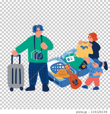 開いたトランクと旅行準備をする家族のイラスト 開いたトランクと旅行準備をする家族のイラスト 114126139