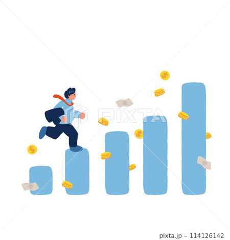 グラフとコインの上を走るビジネスマンのイラスト グラフとコインの上を走るビジネスマンのイラスト 114126142