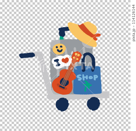 Illustration of a trunk and souvenirs on a trolley 114126144