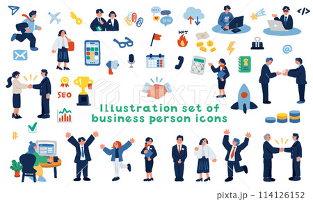 ビジネスパーソンとビジネスアイコンのイラストセット 114126152