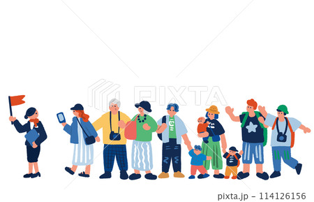 旅行ガイドと人々のカラフルな手描きイラストセット 旅行ガイドと人々のカラフルな手描きイラストセット 114126156