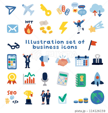 ビジネスパーソンとビジネスアイコンのイラストセット 114126159