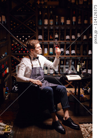 Cavist at wine store, sommelier at restaurant, wine critic. Wine Degustation. Cavist at wine store, sommelier at restaurant, wine critic. Wine Degustation. 114126375