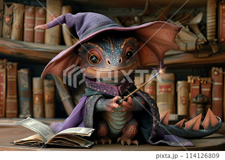 Cute baby dragon wizard in magic library illustration Cute baby dragon wizard in magic library illustration 114126809