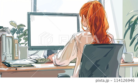 パソコンで仕事をする女性 後ろ姿 パソコンで仕事をする女性 後ろ姿 114126946