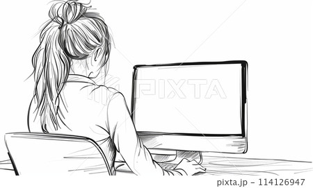 パソコンで仕事をする女性 後ろ姿 パソコンで仕事をする女性 後ろ姿 114126947