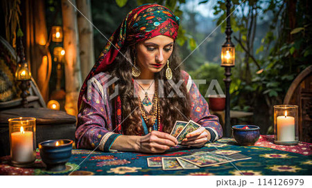 a woman is sitting at a table with tarot cards and candles 114126979