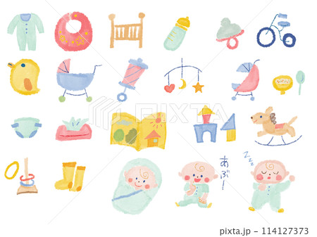 ベビー用品と赤ちゃんのイラスト素材集_カラフル ベビー用品と赤ちゃんのイラスト素材集_カラフル 114127373