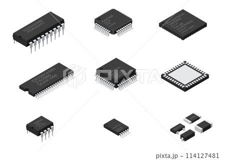 Set of microchip computer electronic components. Microchip icon. Computer processor technology. Micro processor. Collection of microchips 114127481