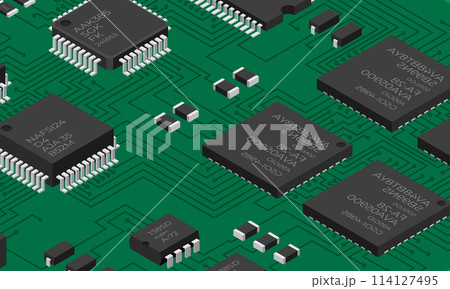 Isometric electronic board. Isometric printed circuit board with electronic components. Electronic components and integrated circuit board 114127495