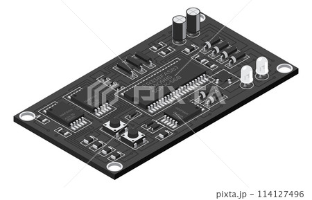 Isometric electronic board. Isometric printed circuit board with electronic components. Electronic components and integrated circuit board 114127496