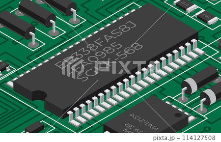 Isometric electronic board. Isometric printed circuit board with electronic components. Electronic components and integrated circuit board 114127508