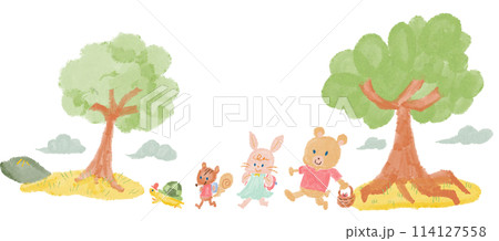 森の中を動物たちが行進するイラスト_かめ、しまりす、うさぎ、くま 森の中を動物たちが行進するイラスト_かめ、しまりす、うさぎ、くま 114127558