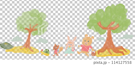 森の中を動物たちが行進するイラスト_かめ、しまりす、うさぎ、くま 森の中を動物たちが行進するイラスト_かめ、しまりす、うさぎ、くま 114127558