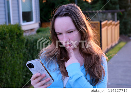 Young stylish curly blonde woman writes message on smartphone walking on park near river, hipster tourist traveling in european town and planning trip using mobile phone. Girl wear sweater and t-shirt 114127715