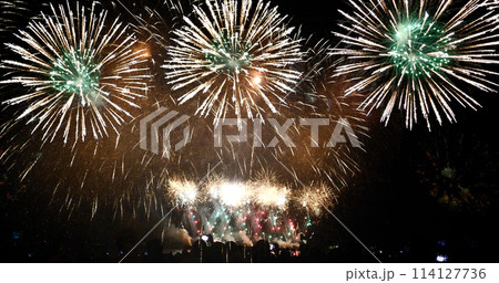 Green Firework celebrate anniversary happy new year 2024, 4th of july holiday festival. Green firework in night time celebrate national holiday. Countdown to new year 2024 festival party time event 114127736