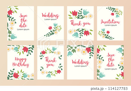 Set of cards with flowers and leaves. Wedding ornament concept, pastel colors. Vector decorative greeting card or invitation design background Set of cards with flowers and leaves. Wedding ornament concept, pastel colors. Vector decorative greeting card or invitation design background 114127783