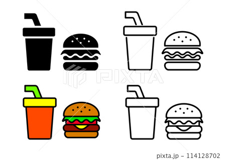 かわいいハンバーガーとジュースのドリンクメニュー。線画とベタ塗りカラーのベクターアイコンセット素材 114128702