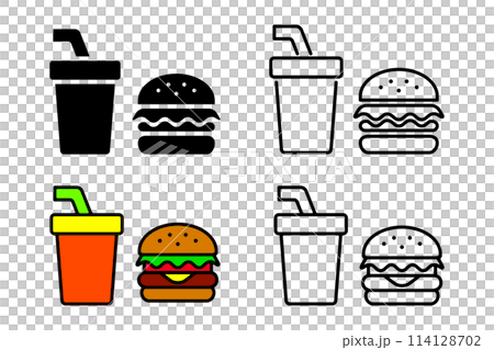 かわいいハンバーガーとジュースのドリンクメニュー。線画とベタ塗りカラーのベクターアイコンセット素材 114128702