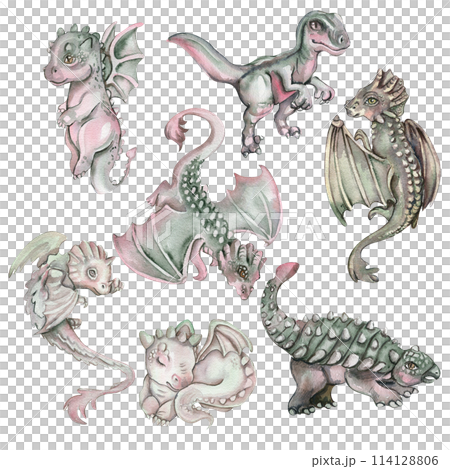 Watercolor hand drawn tropical dinosaurs set, Cute dinosaurs. Dino illustration perfect for design, wallpaper, scrapbooking, invitation, wedding, greetings card. Isolated without background. Watercolor hand drawn tropical dinosaurs set, Cute dinosaurs. Dino illustration perfect for design, wallpaper, scrapbooking, invitation, wedding, greetings card. Isolated without background. 114128806