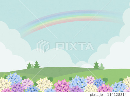 雨上がりに虹がかかる、紫陽花の咲いた風景背景素材 雨上がりに虹がかかる、紫陽花の咲いた風景背景素材 114128814