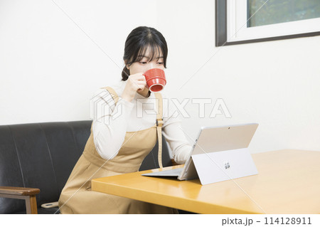 カフェでノートパソコンを使用している若い女性 114128911