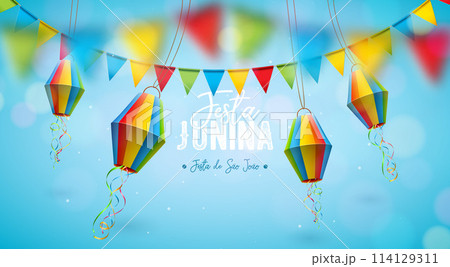 Festa Junina Illustration with Colorful Party Flags and Paper Lantern on Sky Blue Background. Vector Brazil June Traditional Saint John Holiday Festival Design for Celebration Banner, Greeting Card Festa Junina Illustration with Colorful Party Flags and Paper Lantern on Sky Blue Background. Vector Brazil June Traditional Saint John Holiday Festival Design for Celebration Banner, Greeting Card 114129311