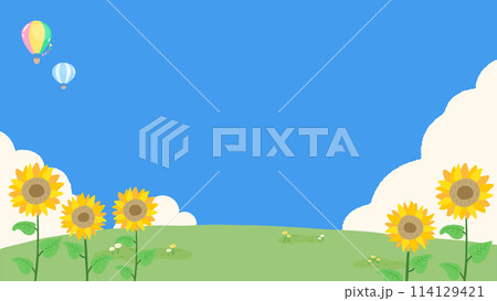 夏、青空とひまわりと草原の明るい背景フレーム、かわいい手描きイラスト 夏、青空とひまわりと草原の明るい背景フレーム、かわいい手描きイラスト 114129421