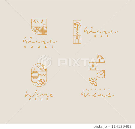 Wine art deco branding labels with lettering beige bg 114129492