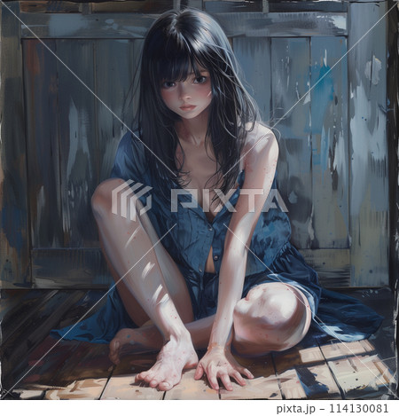 セクシーなポーズをとる青い服の少女 114130081