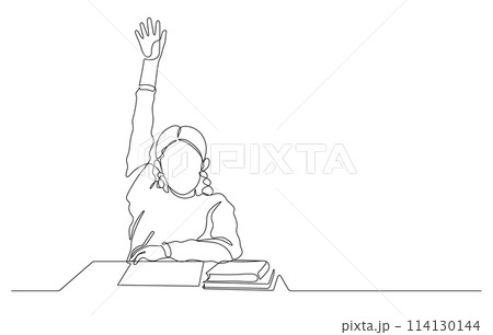continuous line drawing of school children raising hand thin line illustration continuous line drawing of school children raising hand thin line illustration 114130144