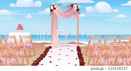 Wedding ceremony outdoor setup. Wedding ceremony setup with arch draped with ribbons and decorations. Vector illustration Wedding ceremony outdoor setup. Wedding ceremony setup with arch draped with ribbons and decorations. Vector illustration 114130157