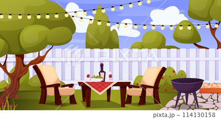 Home backyard with trees and furniture. Cartoon exterior and landscape, trees and bushes. Vector illustration EPS10 114130158