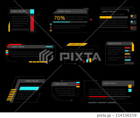 Hud callout titles. Futuristic text boxes, digital callouts bar labels. Digital futuristic infochart for visualization objects. Interface elements HUD, UI, GUI. 114130159