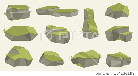 Rock stone set cartoon. Cartoon game art rocks and stones. Stones boulder, gravel rubble and pile of rocks cartoon isolated vector illustration EPS10 114130198