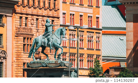 Stockholm, Sweden. Statue Of Former Swedish King Karl XIV Johan Sitting On A Horse Royal Palace. Famous Popular Destination Scenic Place. Close Up 114130207
