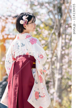 桜の中を歩く卒業式前撮りの若い女性 桜の中を歩く卒業式前撮りの若い女性 114130435