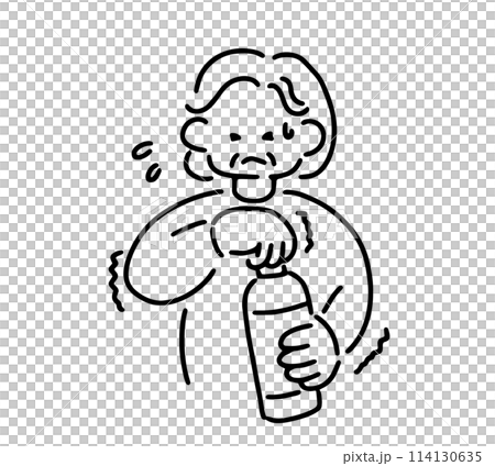 Illustration of a senior woman who cannot open a plastic bottle 114130635
