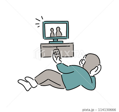 横になってテレビを見るシニア男性のイラスト 114130666