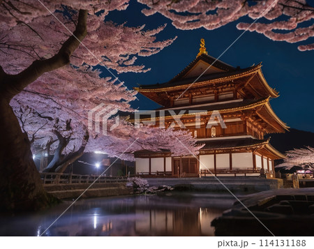 ライトアップされた桜と、黄金の寺 ライトアップされた桜と、黄金の寺 114131188