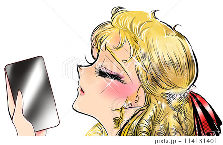 返信を真剣に待つ金髪縦ロールお嬢様の70年代少女漫画風イラスト 114131401
