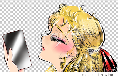 A 70s manga-style illustration of a young lady with blonde hair and vertical curls waiting seriously for a reply A 70s manga-style illustration of a young lady with blonde hair and vertical curls waiting seriously for a reply 114131401