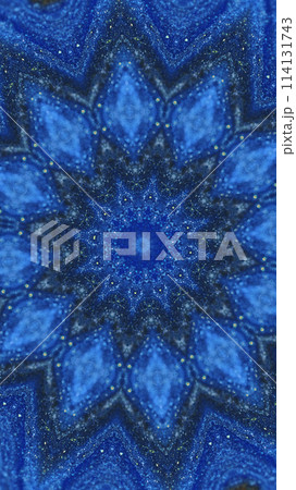 Glitter mandala. Ethnic kaleidoscope. Defocused blue color glowing particles texture symmetrical star ornament abstract art background. 114131743